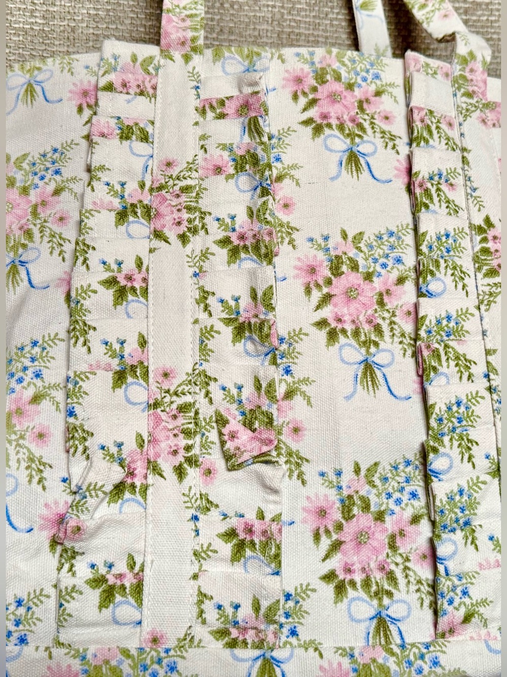 Ruffle 🌸 Floral Canvas Tote Bag Shoulder Bag Ivory Pink Blue Bookish sealed NWT - Picture 5 of 9